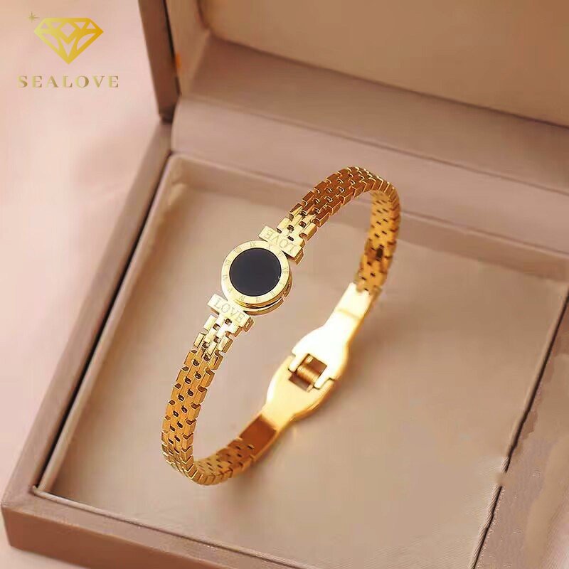 Gelang titanium Wanita Anti Karat Bulat Hitam Romawi Emas 18K Bangle Aksesoris Mewah Korean Style COD