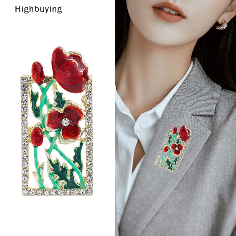 Hbid Bros Bunga Cantik Untuk Wanita Desain Bingkai Enamel Merah Tanaman Pesta Kantor Brooch Pin Hadiah Glory