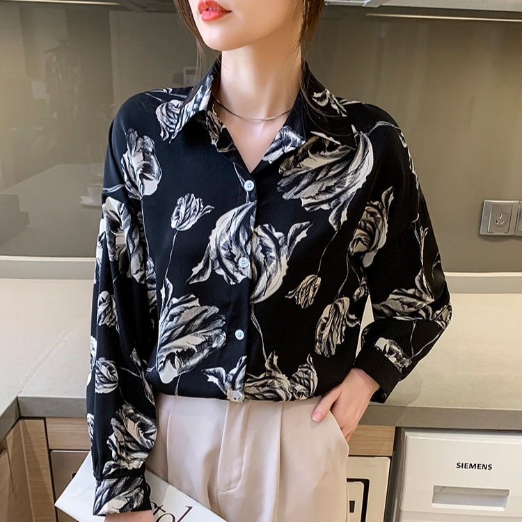 COD 2023 New Fashion Korea pencetakan hitam putih Kemeja wanita lengan panjang atasan kerja santai