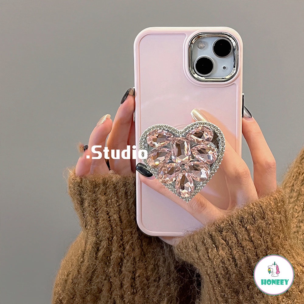 IPHONE Mewah Kristal Berlian Cinta Hati Cermin Ring Holder Stand Soft Phone Case Untuk Iphone11 13 Pro Max14 12 Pro 11 Cover