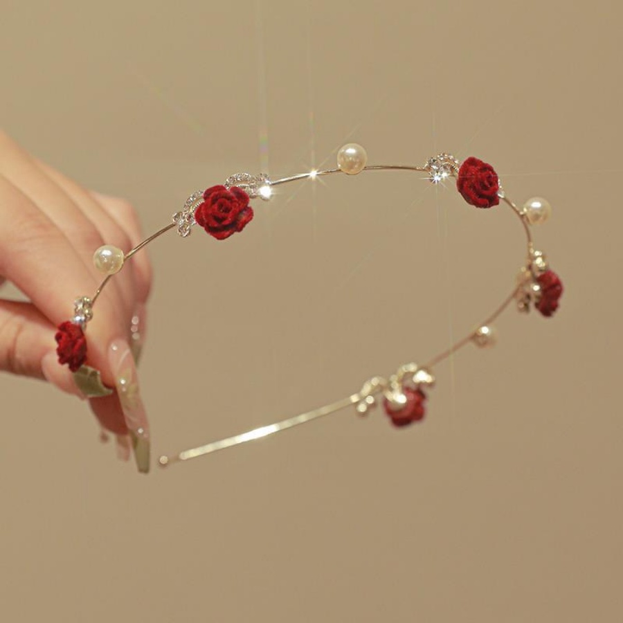 Korea Merah Bunga Mutiara Berlian Imitasi Bando Kristal Alloy Tipis Rambut Band Woman Fashion Aksesoris Rambut