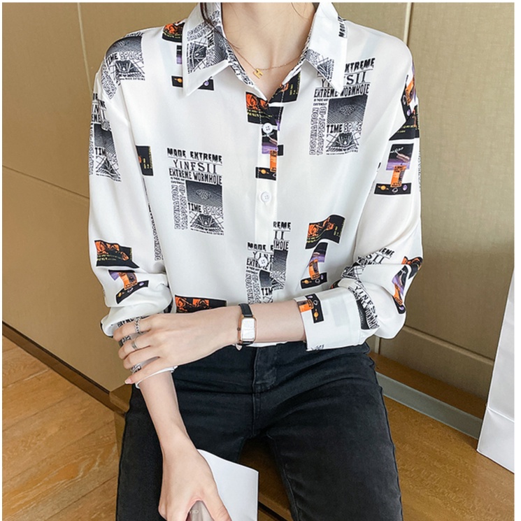 Fashion Korean White Letter Print Casual Work Long Sleeve Women Shirt Kemeja Wanita Lengan Panjang