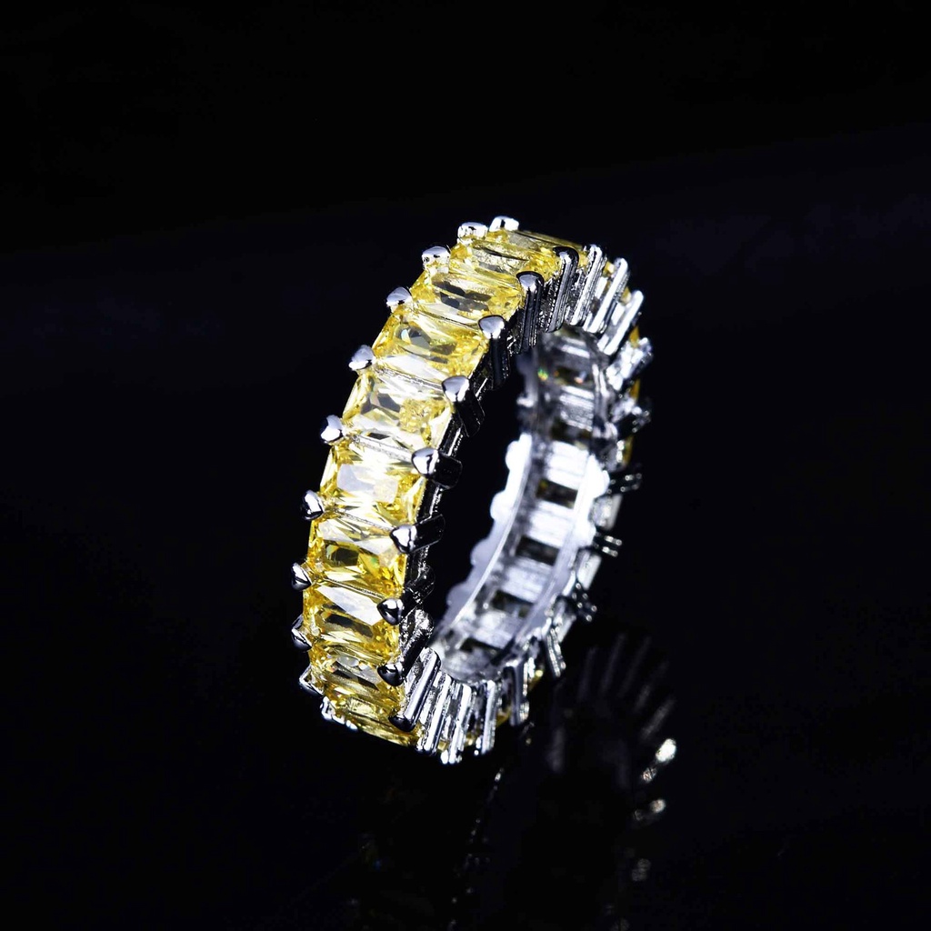 Goldkingdom Aksesoris Perhiasan Fashion Ready Stock Berlian Kuning Wanita Cincin Mewah Persegi Panjang Zirkon Pertunangan Perak Ring