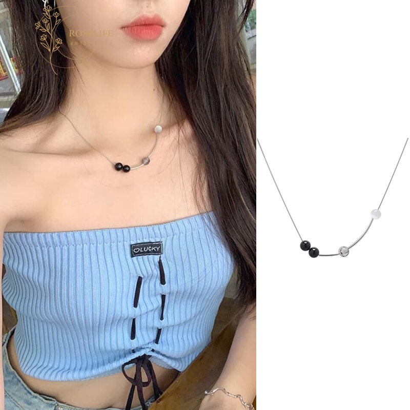 Roselife Keren Fashion Glossy Black Opal Beads Charm Choker Kalung Wanita Pria Chic Rantai Ular Kalung Gaya Perhiasan Aksesoris