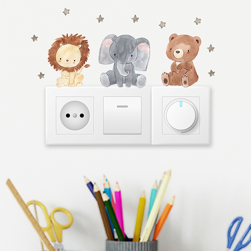 [Harga Grosir] Kartun Lucu Singa Gajah Kelinci Hewan Saklar Stiker Dinding/Self-adhesive Power Socket Paster/Kamar Bayi DIY Art Wall Decals