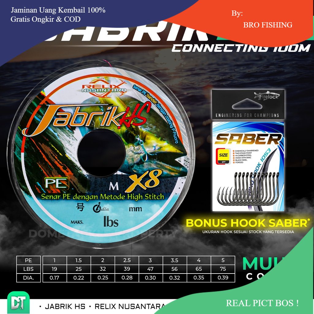 Jabrik HS X8 100 Meter Connecting Relix Nusantara Senar PE Benang Pancing PE 0.6 0.8 1 1.5 2 2.5 3 4