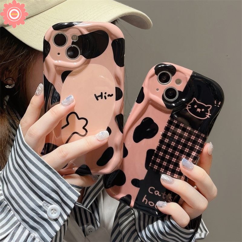 REDMI Casing Kucing Lucu Kartun Untuk Redmi10 9T 9A 9a1 10C A2 9C NFC 10A Note11 8 9 10 10s 11s 10Pro 10 Pro Max POCO M3 3D Wavy Curved Edge Glossy Leopard Checkerboard Shockproof Cover