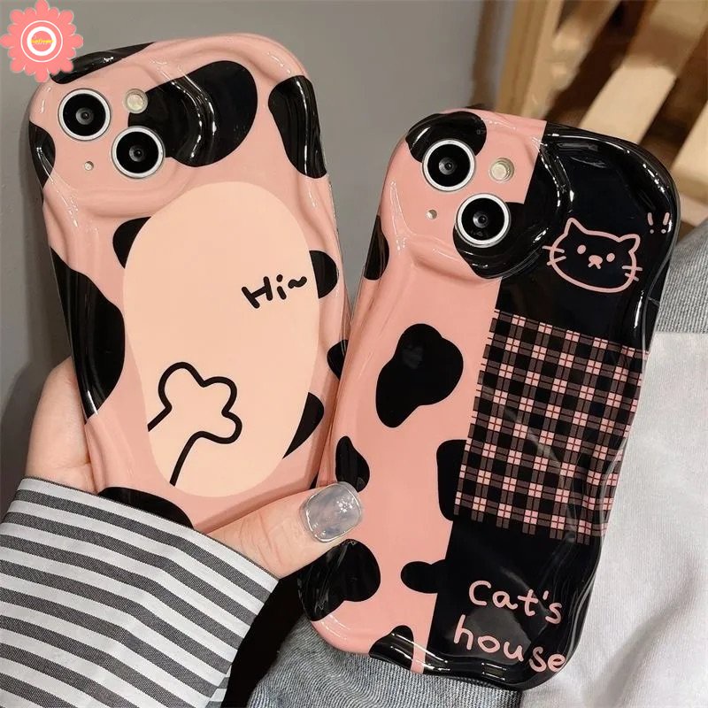 Casing Untuk Realme C35 C53 C15 C25 C25Y C33 C31 C55 5 5i 6i 7i 5s C12 C21Y C11 C20 C17 C25s C30 C21 C3 Kartun Kucing Lucu Leopard Kotak-Kotak 3D Wavy Curved Edge Glossy Soft Case