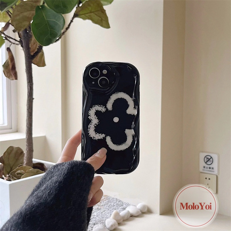 IPHONE Shockproof Glossy Fashion Garis Sederhana Bunga Telepon Case Kompatibel Untuk Iphone14 12 13 Pro Max 11 Pro Max XR X7 8 6s 6 Plus XS Max SE 2020 3D Wavy Curved Edge Soft Flowers Cover