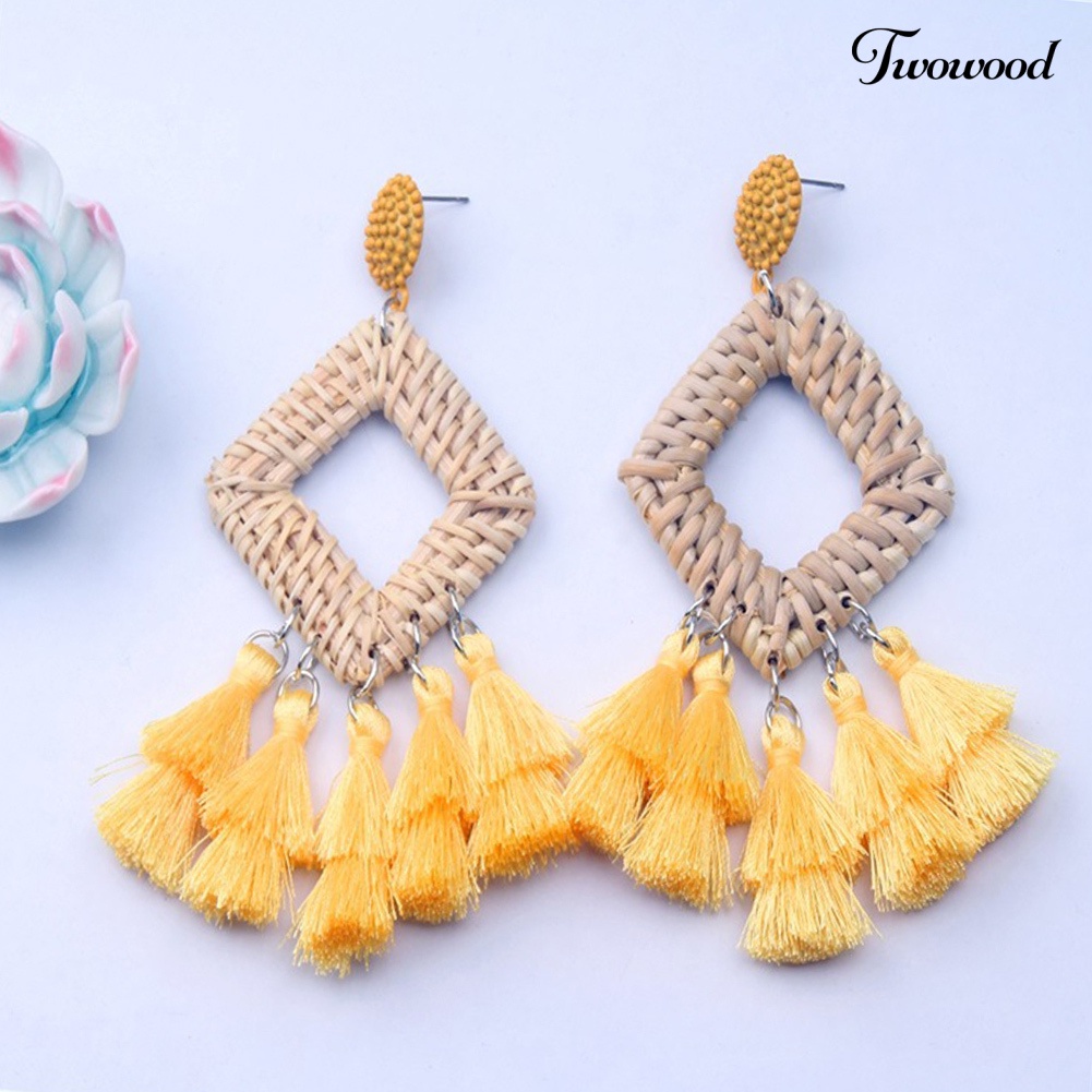 Twowood Boho Wanita Berongga Belah Ketupat Anyaman Rotan Rumbai Statement Menjuntai Stud Earrings