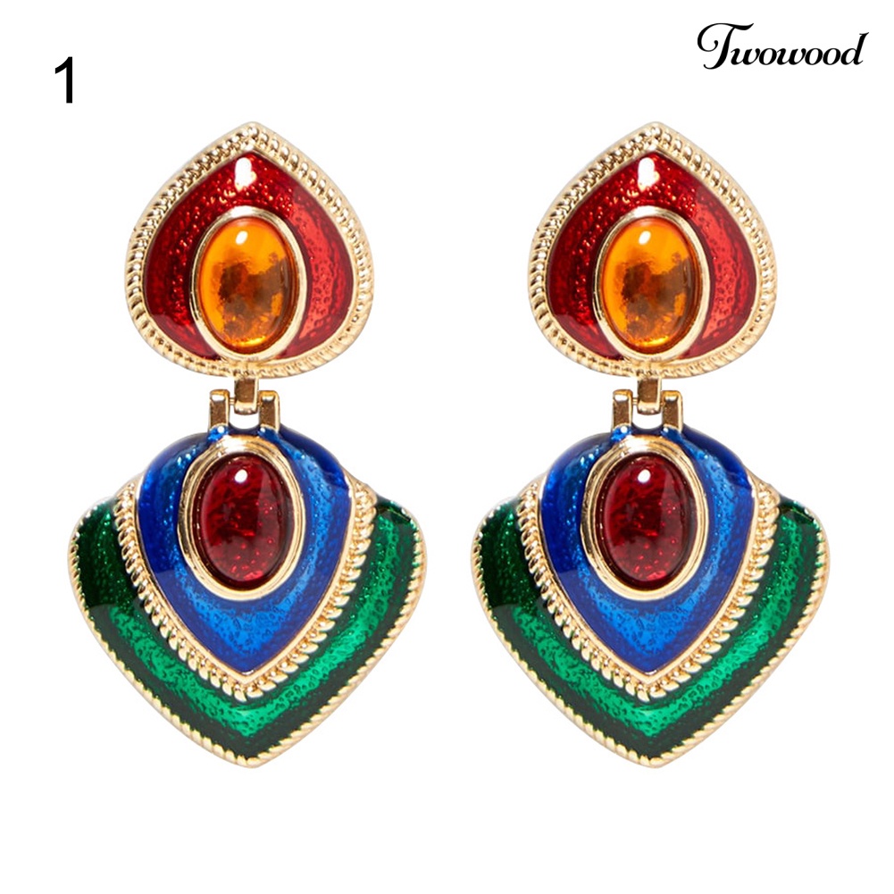 Twowood Wanita Permata Imitasi Hias Enamel Hati Menjuntai Multicolor Stud Earrings Perhiasan Hadiah