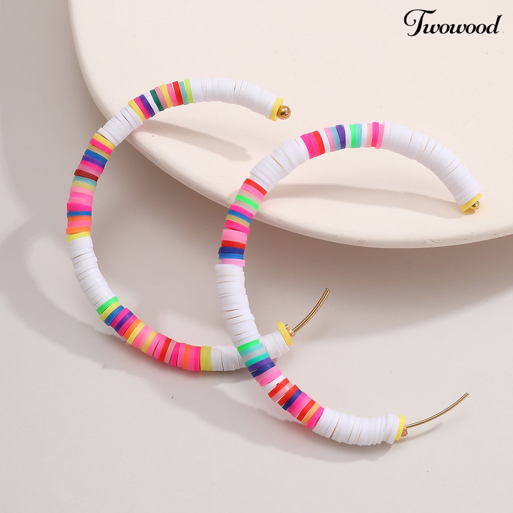 Twowood 1pasang All-match Wanita Warna Pelangi Polymer Clay Bohemian Hoop Stud Earring Untuk Outdoor