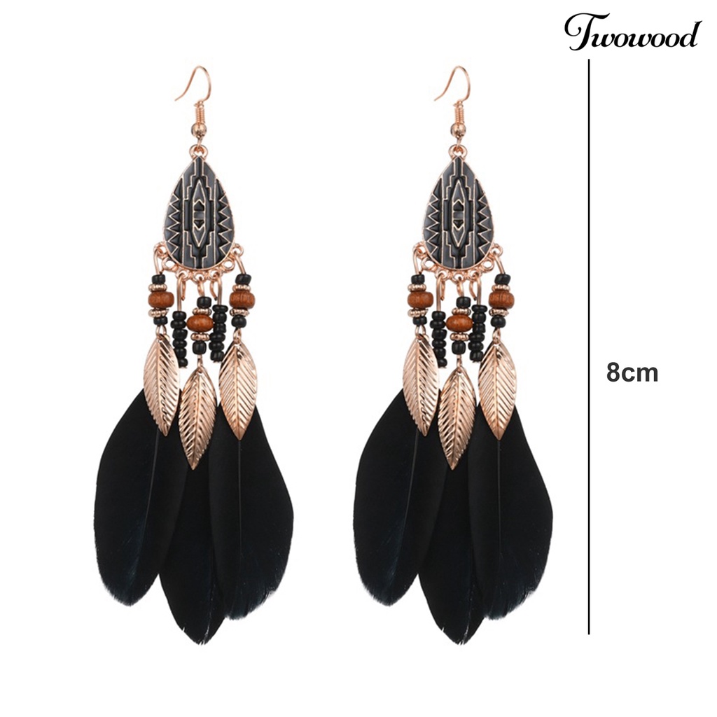 Twowood 1pasang Anting Kait Gaya Etnik Tetesan Air Liontin Manik-Manik Kepribadian Eye-catching Dekorasi Hypoallergenic Buatan Bulu Vintage Menjuntai Anting-Anting Perhiasan Aksesori