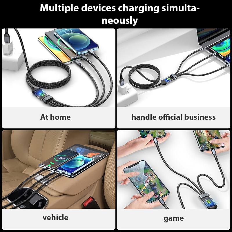 Kabel 3-in-1 Dikepang Nilon Berlampu 100W Super Cepat Charger Untuk Apple Type-c Android Fast Charger