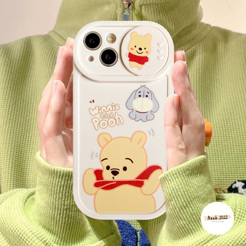 Case Pasangan Disney Kompatibel Untuk IPhone 7Plus 8Plus XR 11 12 13 Pro MAX X XS MAX Kartun Strawberry Bear Manyo Lucu Winnie the Pooh Tarik Jendela Kamera Perlindungan Soft Cover