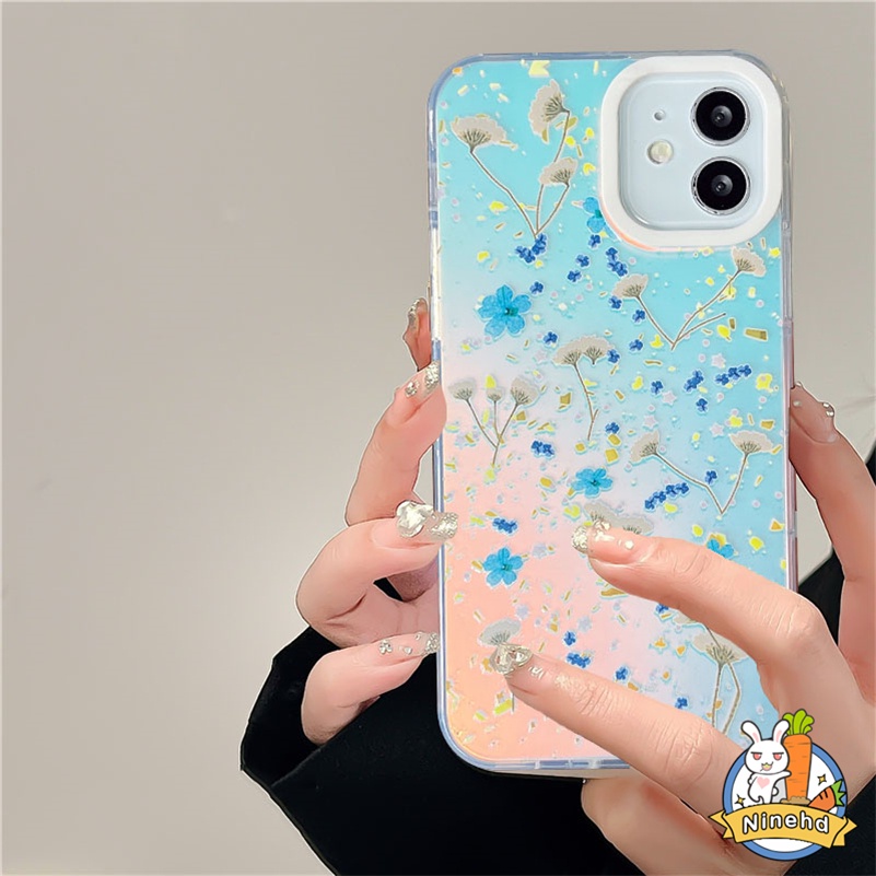 IPHONE Casing Kompatibel Untuk Iphone14 13 12 11 Pro Max X Xr Xs Max8 7 6 Plus SE 2020 Ins Halo Dye Gradasi Laser Dicat Bunga Rumput Ponsel Case Anti-Jatuh Silikon Akrilik Hard Case