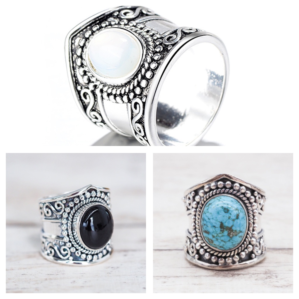 Goldkingdom Aksesoris Perhiasan Fashion Ready Stock Vintage Thai Silver Moonlight Stone Thai Silver Cincin