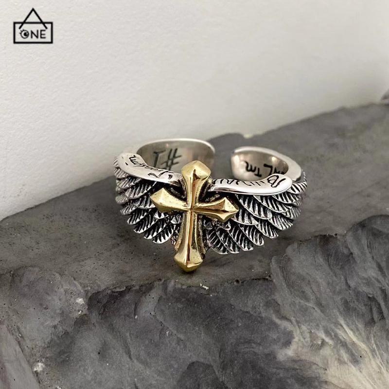 COD❤️Cincin Pria Vintage Wings Cross Grafiti Surat Terbuka Cincin Pribadi-A.one