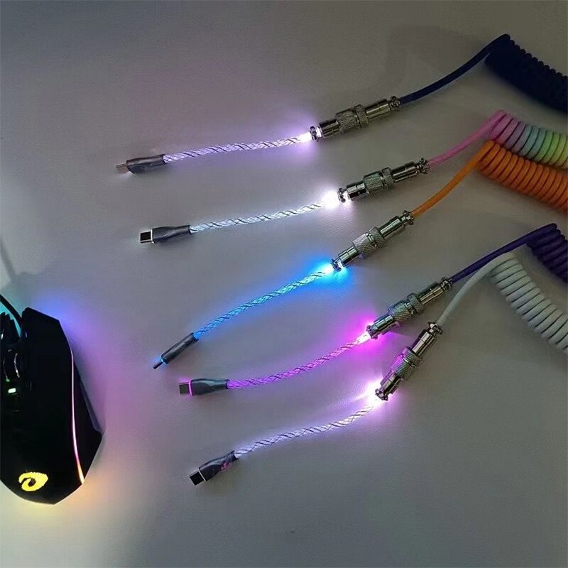 Kabel Colokan Udara RGB Mempesona Glowing Kabel Colokan Navigasi Keyboard Mekanik Gaming Kabel Data Bercahaya Kabel Data Pegas Warna-Warni 3M