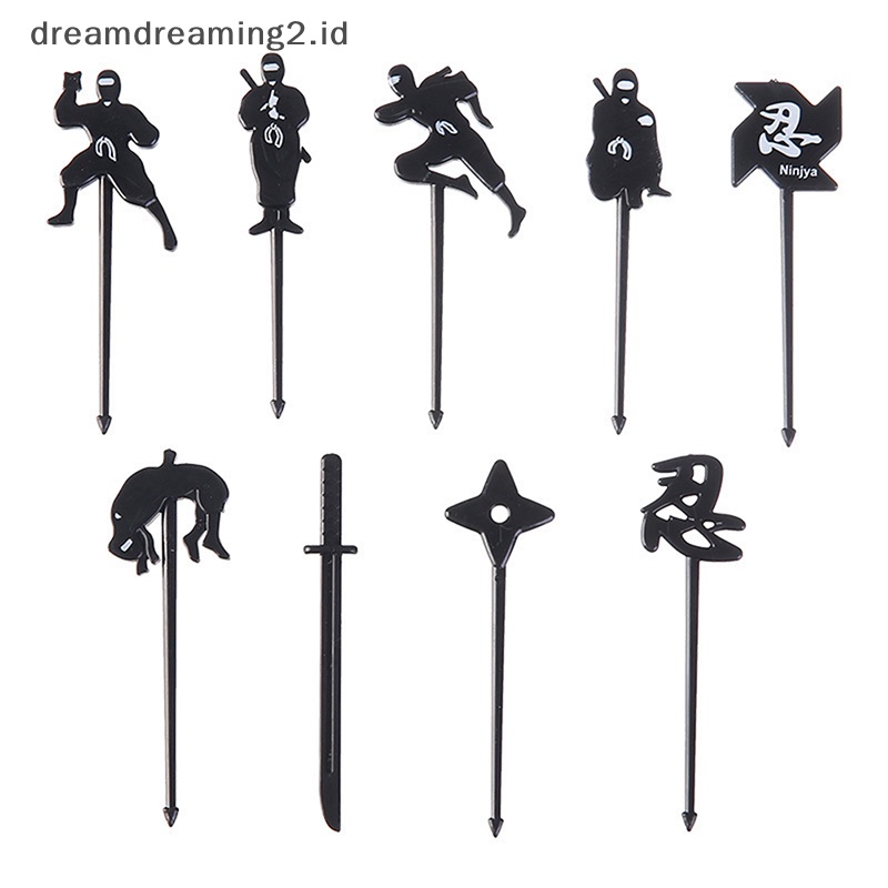 (drea) 9pcs/set Mini Ninja Style Garpu Buah Anak Snack Dessert Bento Makan Siang Dekorasi Pesta//