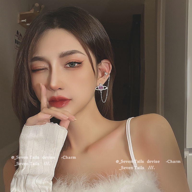 Anting Klip Hati Planet Berlian Imitasi Fashion Untuk Wanita