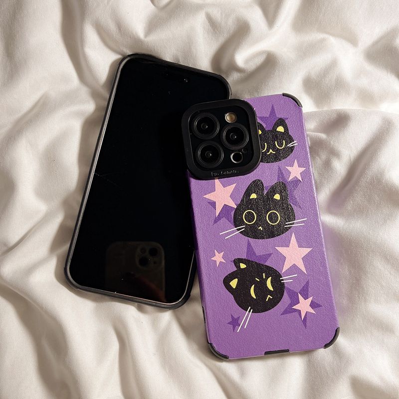 Soft sheepskin Leather Case IPhone 6S 7 8 Plus SE 2020 X XR XS Max 11 12 13 14 Pro Max 14 Plus Camera Protect for Girl women Cute Cat Star Purple