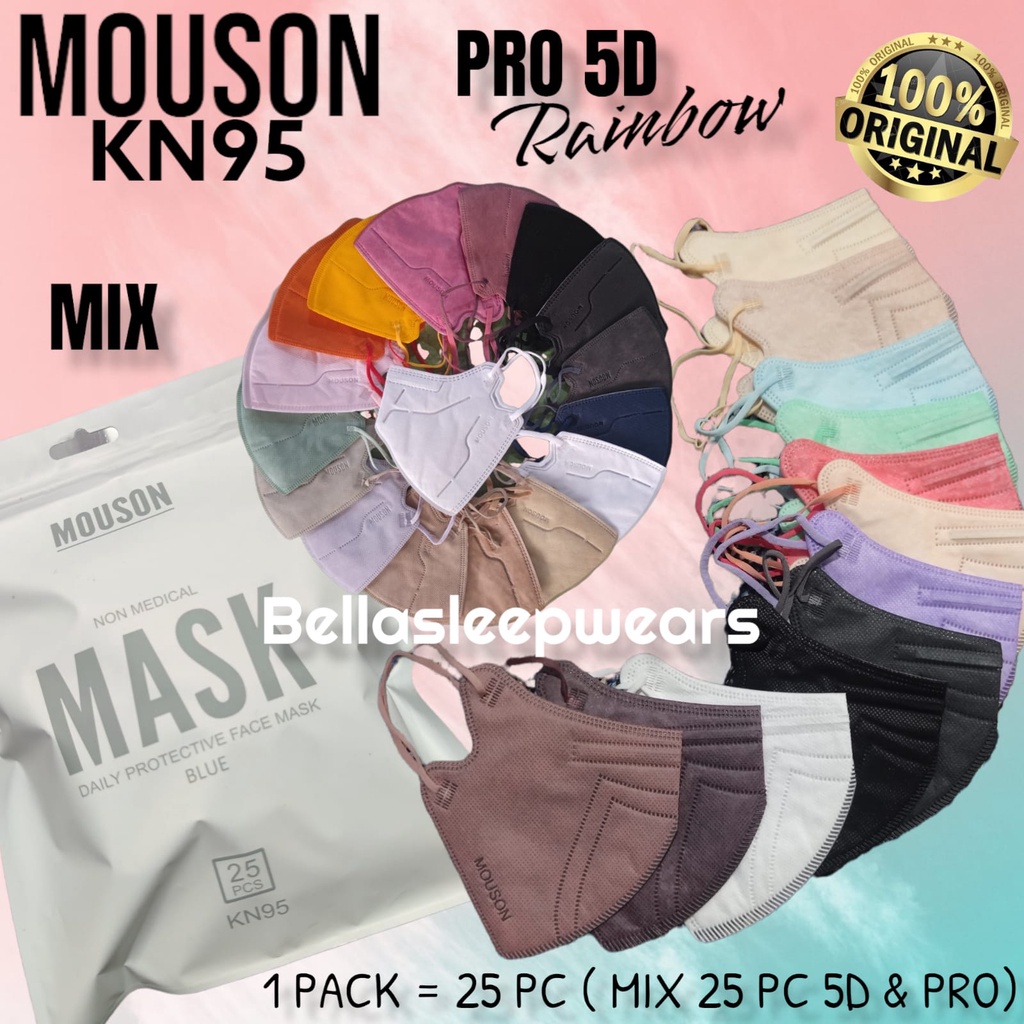 Promo  MOUSON KN95 PRO 5D MIX RAINBOW 25PC - MASKER KN95 PRO 5D 5PLY MOUSON EMBOS WARNA WARNI & MIX