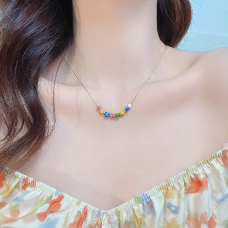 Papaozhu Ins Trendi s925 Perak Pelangi Manik-Manik Bunga Choker Kalung Untuk Wanita Perempuan Korea Fashion Warna-Warni Pesona Kalung Liburan Liburan Perhiasan Hadiah