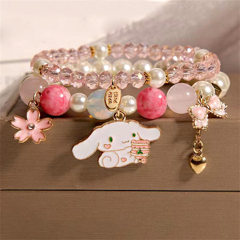 Gelang Manik-manik Kaca Cinnamsanrio Hati Anak Perempuan Gelang Pasangan My Melody Kuromi Perhiasan Gelang Buatan Tangan Manik-manik Batu Bersinar