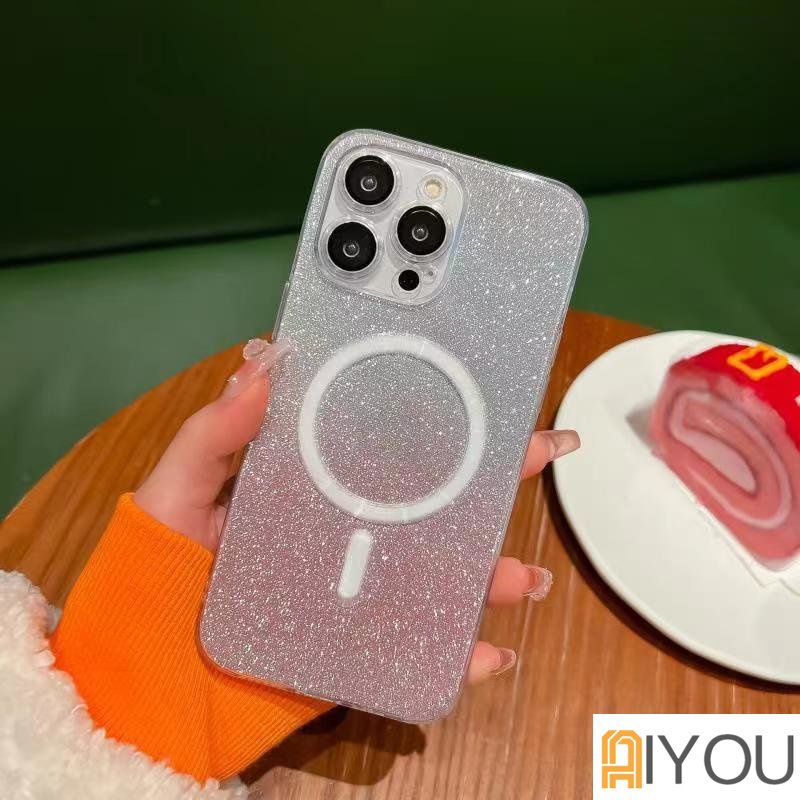 Casing Ponsel Transparan Gradasi Glittermagnetik Untuk iPhone 1413pro max casing 12 pro Max11 acrylic iP x xs max xr 7 8 plus+3m Tahan Guncangan Dan anti Jatuh Silikon Bening hard case