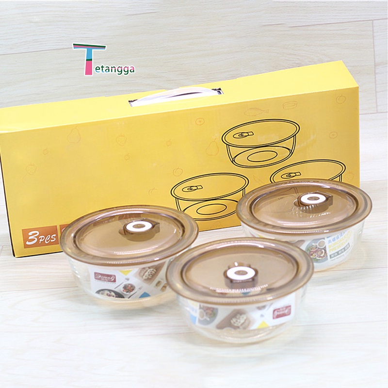 Set Mangkok Kaca Bowl Glass Kimglass  Crisper Kaca Kotak Makan Siang Tertutup Penutup / Paket kotak hadiah