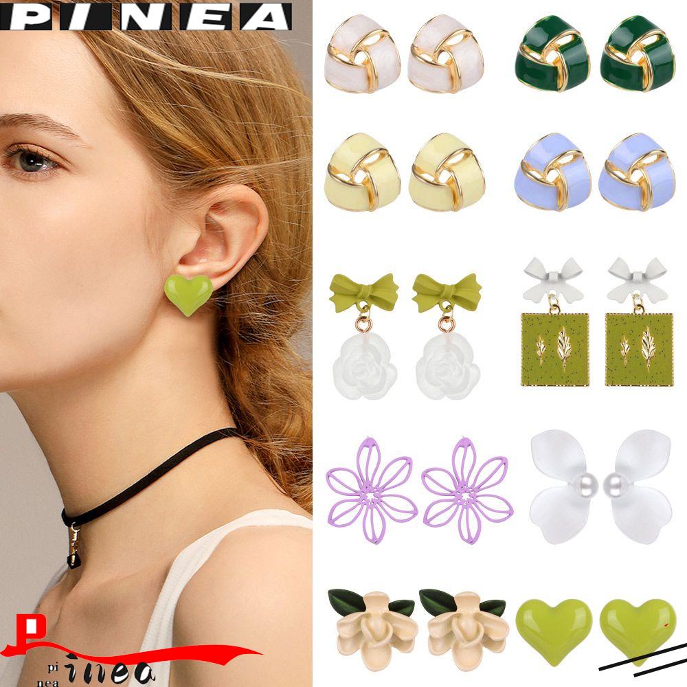 Anting Bunga Musim Semi Nanas Mode Hijau Putih Biru Segitiga Jantung Telinga Studs