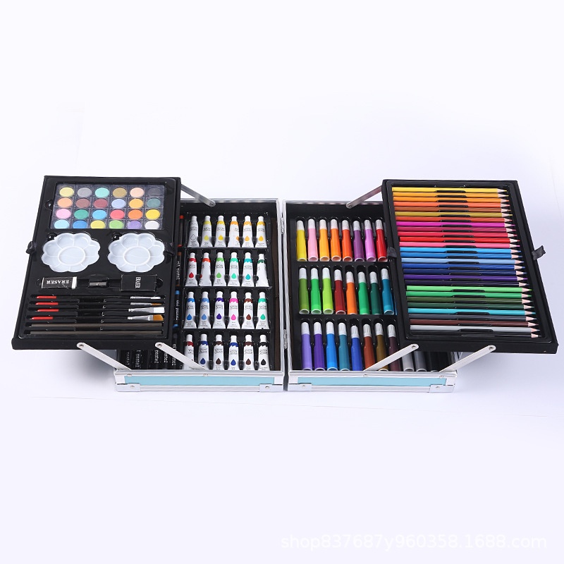 HZ Crayon Set 145pcs Koper Aluminium Besi Krayon Pensil Warna 145 Pcs Box Alat Lukis Anak Koper Set