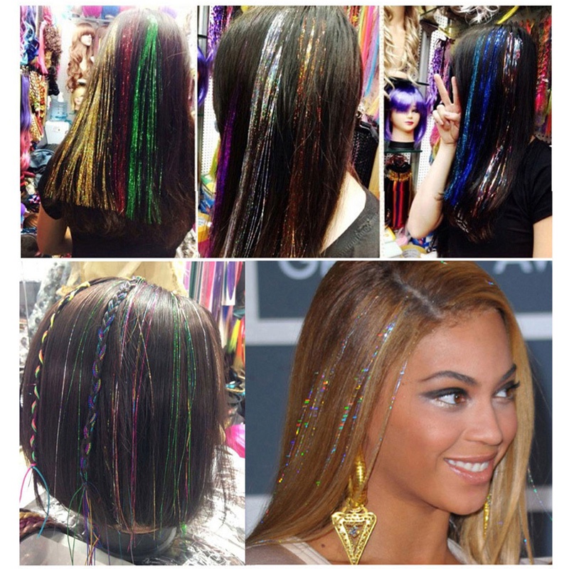 Wig Ekstensi Rambut Mengkilap Warna-warni Sutra Emas Laser Sutra Potongan Rambut Lurus Tenun Wig - SG