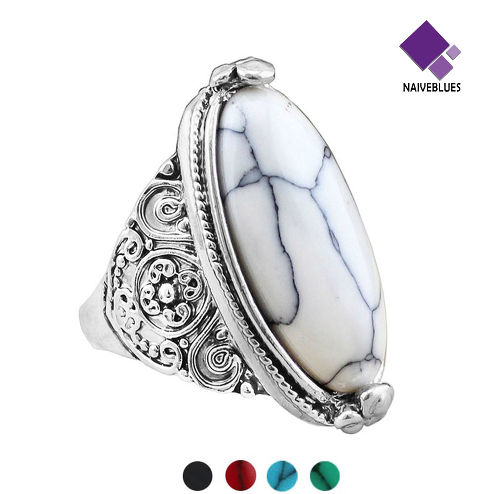 &lt; Naiveblues &gt; Wanita Boho Vintage Oval Pirus Antik Perhiasan Ukir Lapis Perak
