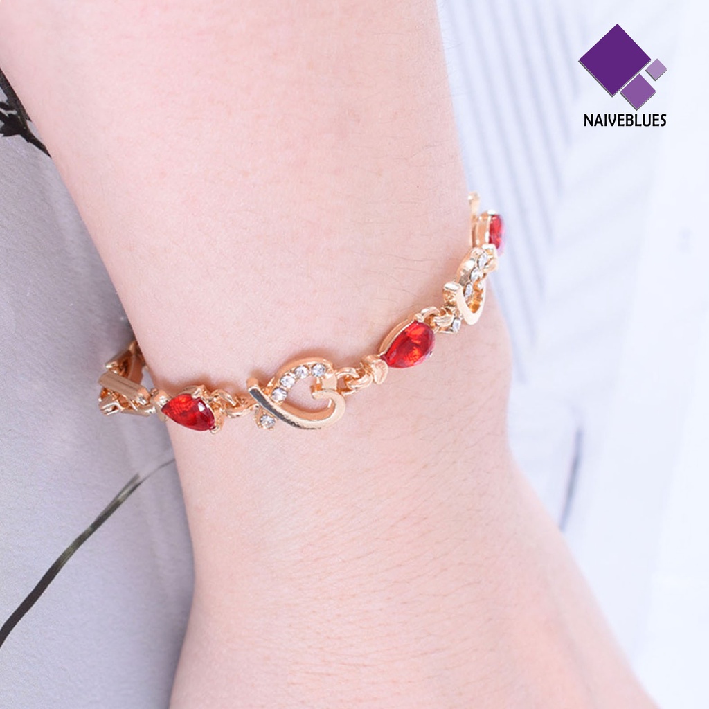 &lt; Naiveblues &gt; Hati Berongga Wanita Gelang Paduan Merah Berlian Imitasi Rantai Gelang Aksesori