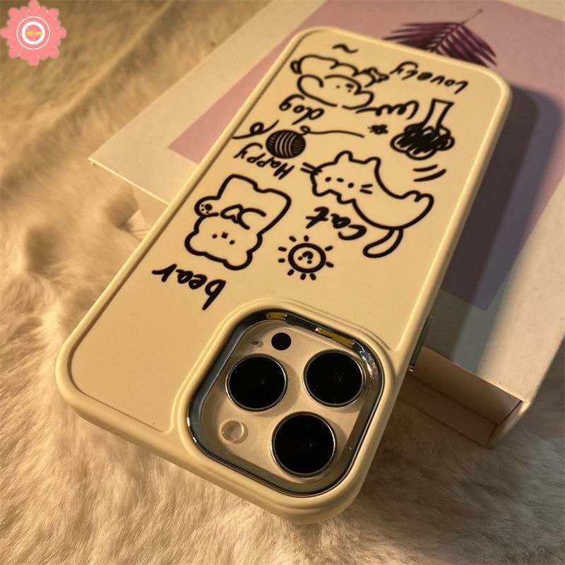 Graffiti Love Heart Cute Cat Dog Phone Case Kompatibel Untuk IPhone XR 7Plus 8Plus 8 7 Plus X11 13 14 12 Pro Max XS Max Beruang Lucu Hamburger Bunga Logam Bingkai Lensa Soft Cover