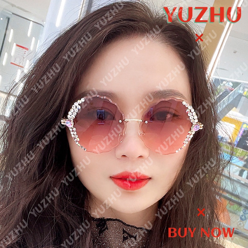 (YUZHU) Kacamata Hitam Bulat Tanpa Bingkai Logam Gaya Baru Untuk Wanita Perlindungan UV Bunga Berlian Sunglasses