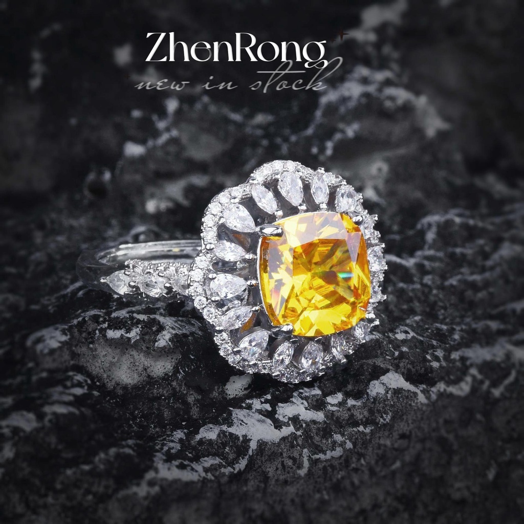 Goldkingdom Fashion Perhiasan Aksesoris Ready Stock Sterling Silver Mewah Batu Permata Berlian Kuning Kalung Wanita Liontin Stud Anting Cincin Set