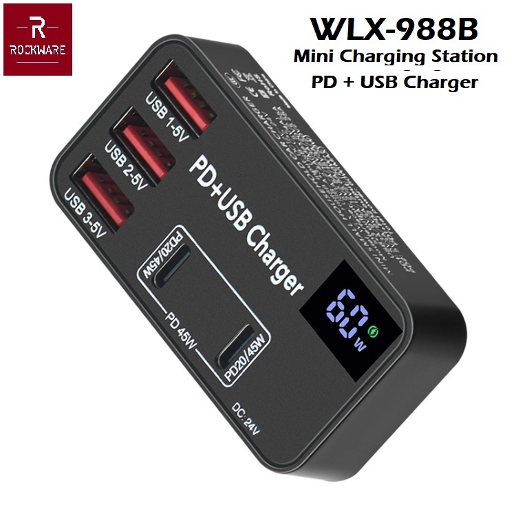 ROCKWARE WLX-988B - Mini Small Household USB PD Charger 5-Port 48W MAX