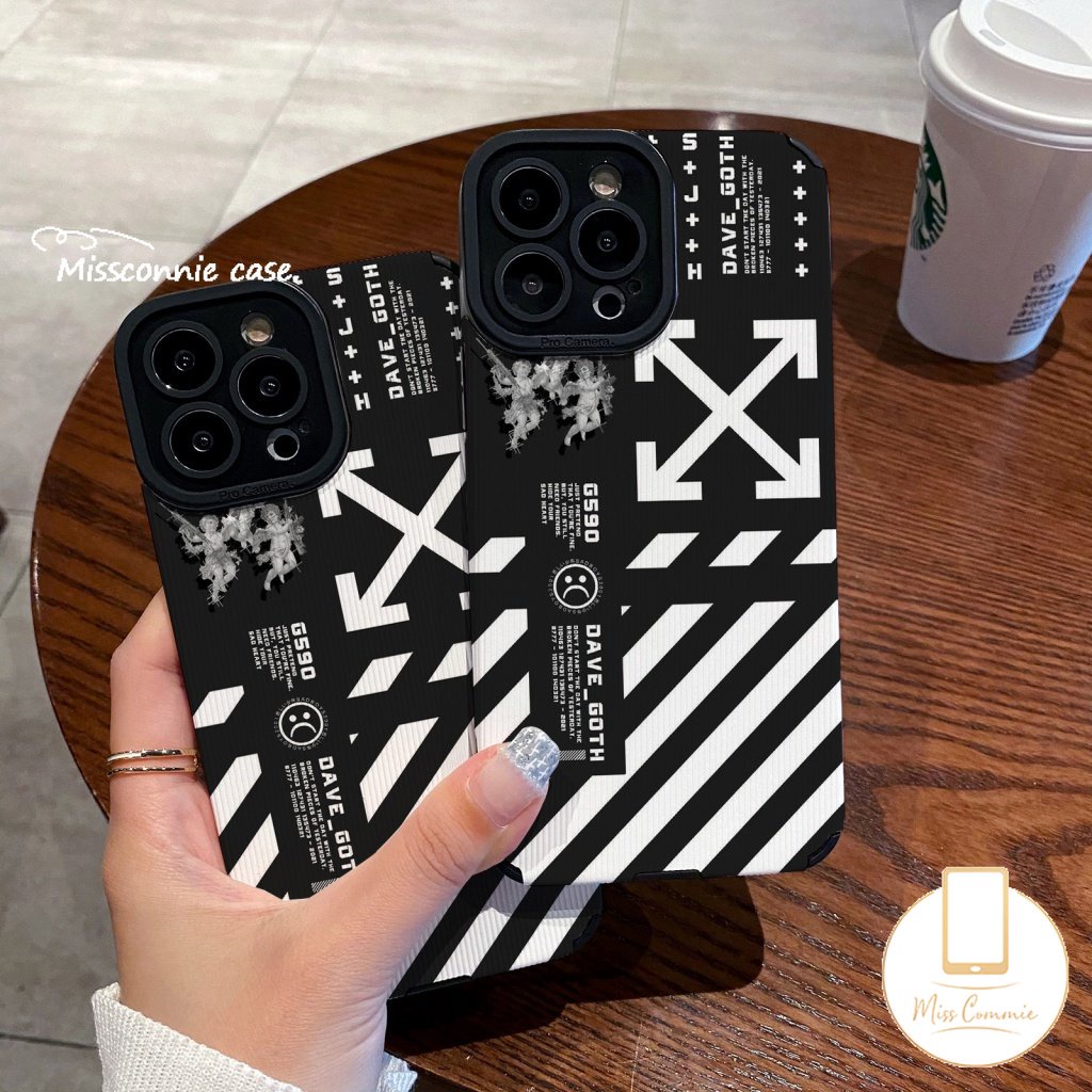 IPHONE Casing Ponsel Huruf Inggris Warna Pink Tekstur Kulit Mewah Untuk Iphone11 13 14 12 Pro Max XR 7 8 Plus X XS Max 7Plus Trendi Merek O.F.F-W.h.i.t.e Pola Splicing Kisi Lembut Tpu Cover