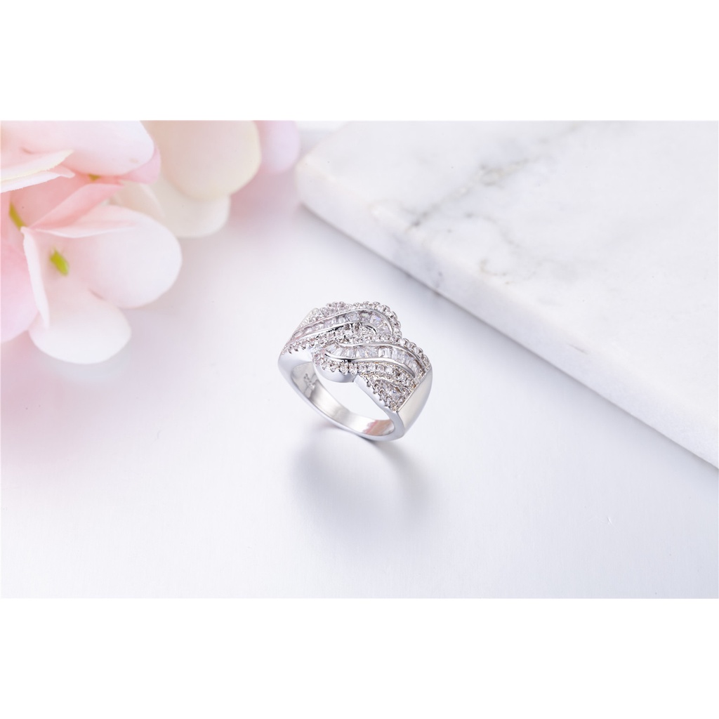 Goldkingdom Aksesoris Perhiasan Fashion Ready Stock Cincin Tali Putar AAA Zircon Tangga Persegi Wanita Lapis Emas Putih