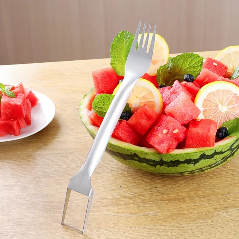 2in1 Watermelon Fork Slicer/Pisau Pemotong Pengiris Semangka Stainless Steel/Pemotong Buah Serbaguna Aksesoris Dapur