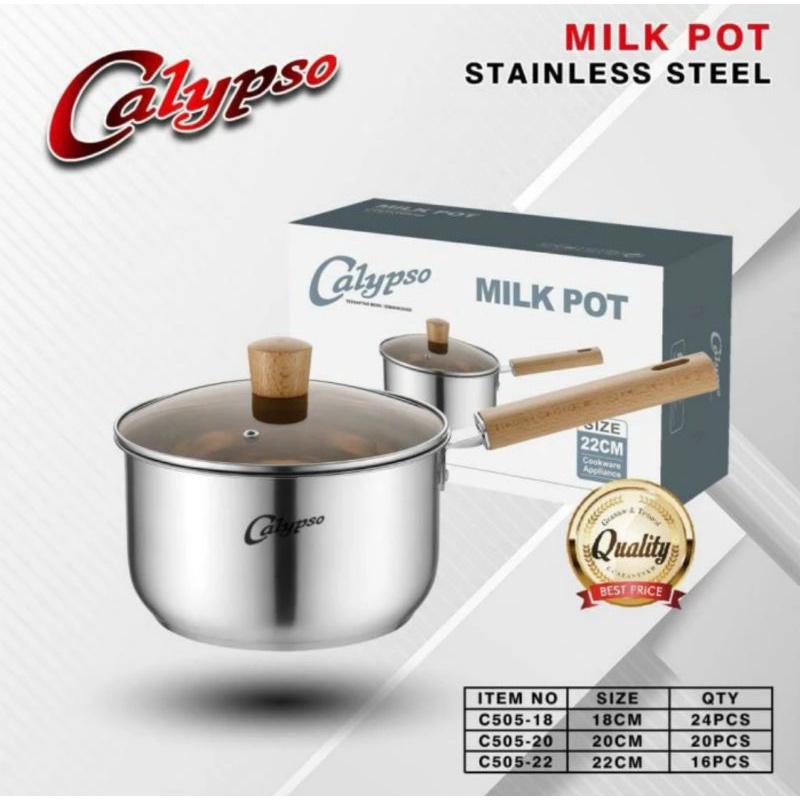 Panci Susu Stainless Steel Calypso/Milk Pot Calypso/Sauce Pan Stainless Food Grade Gagang Kayu Tebal