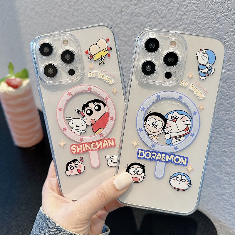 IPHONE Untuk Iphone14 13 12 11 Pro Max Kartun Crayon Shin-chan Cute Doraemon Transparan Perlindungan Hisap Magnetik soft Case