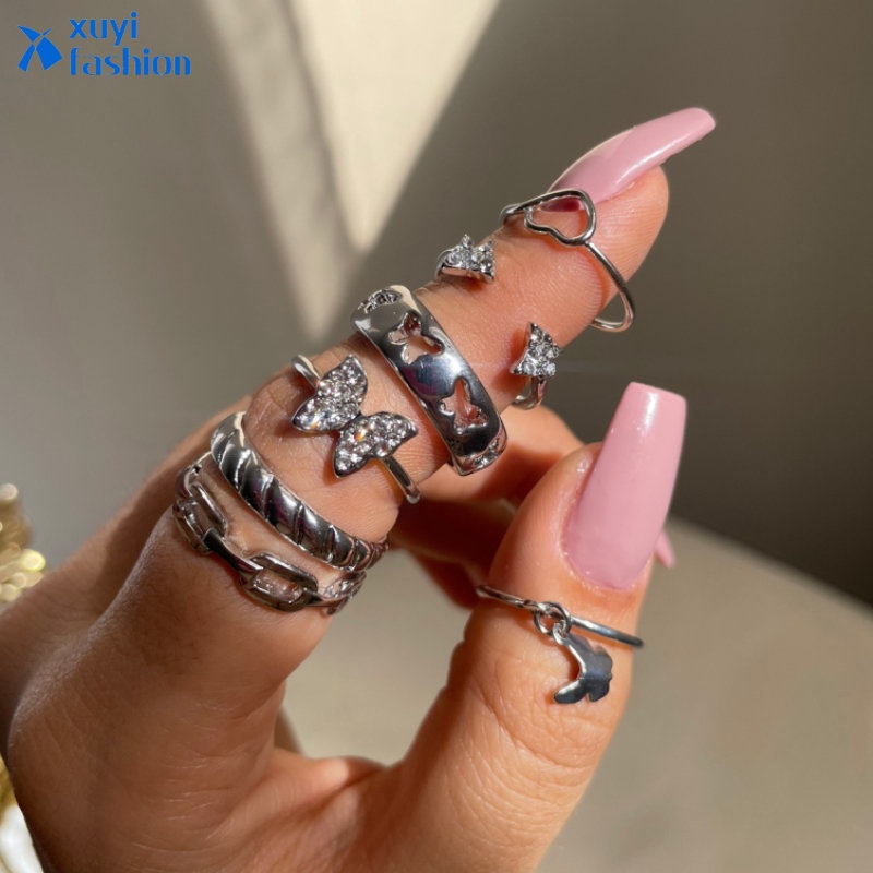 7pc/set Cincin Kupu-Kupu Zirkon Berongga Korea Busur Perak Rings Untuk Wanita Fashion Perhiasan Aksesoris