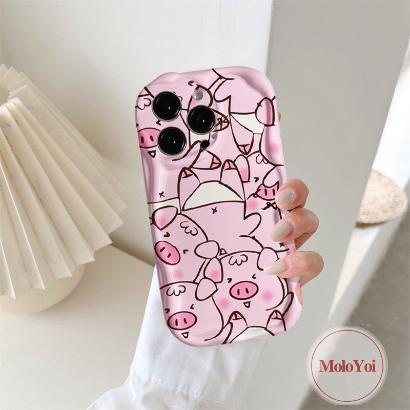 Kelinci Lucu Lovely Pig Couples Case Kompatibel Untuk IPhone XR X XS Max7 8 6 6s Plus 11 12 13 14 Pro Max 7Plus SE 2020 3D Wavy Curved Edge Glossy Kartun Lembut Tpu Cover