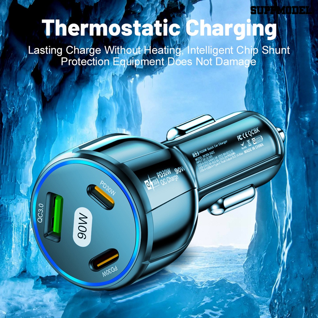 [SM Otomatis] Charger Mobil USB 3port Super Cepat Dual PD30W QC3.0 Adaptor Quick Charging 3in1 Aksesori Mobil