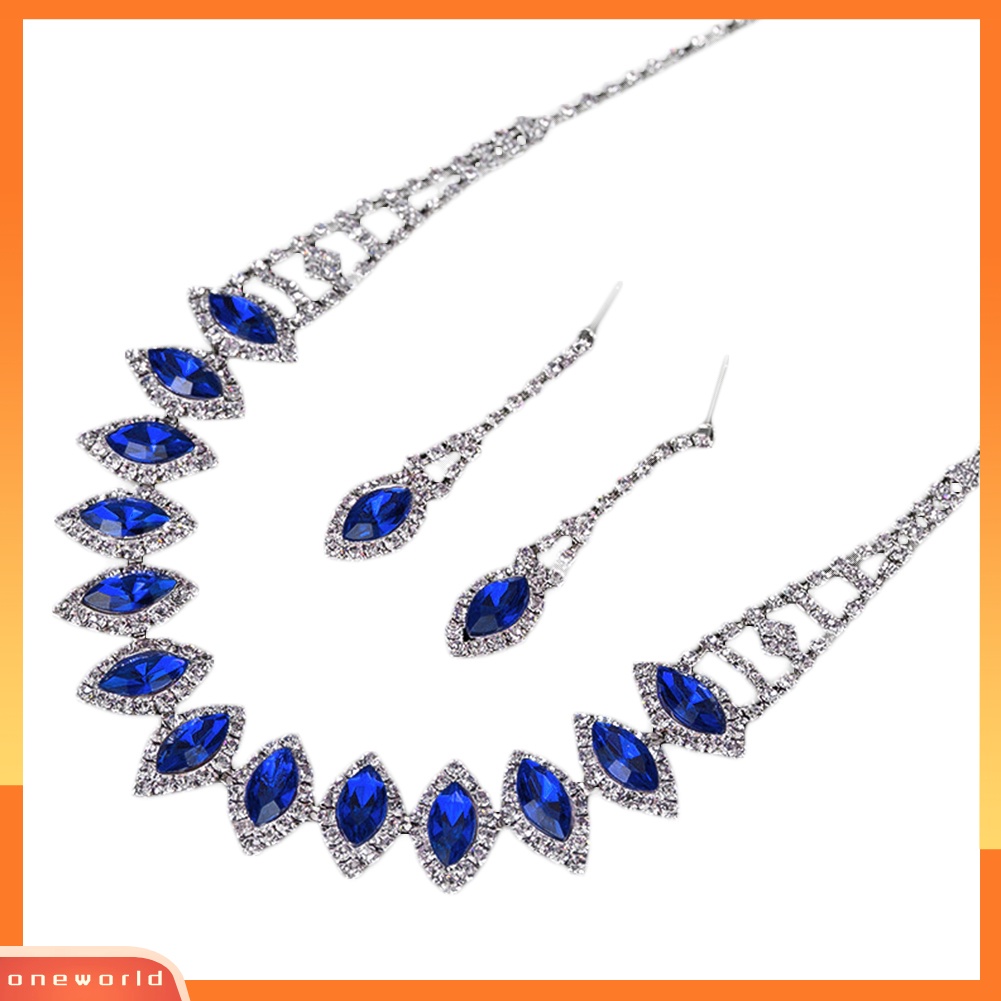 [ONE] Berlian Imitasi Teardrop Menjuntai Stud Anting Kalung Pernikahan Bridal Perhiasan Set