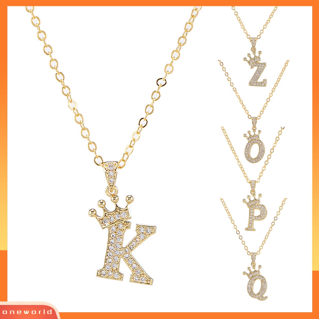 [ONE] Kalung Huruf Berlian Imitasi Mahkota Huruf Liontin Adjustable Rantai Wanita Necklace Untuk Hadiah
